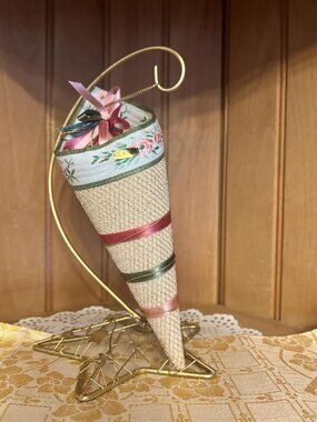 Vintage Victorian Style Cone Ornament Handmade Pink Green Gold Lame Fabric
